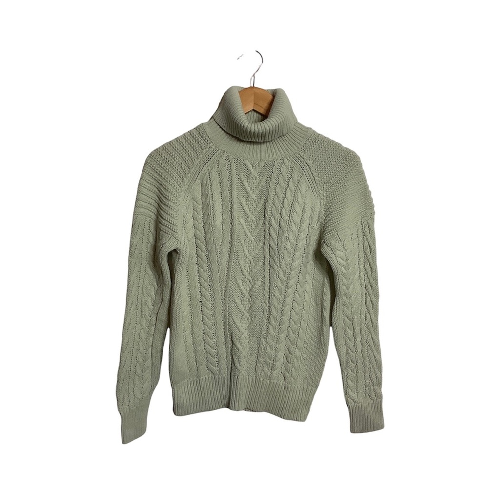 Kenar Pale Mint Green Cotton Cable Knit Turtleneck Size Large